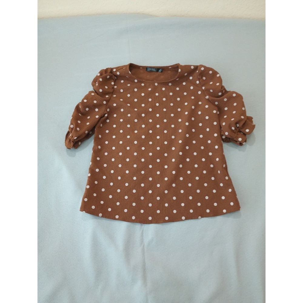 Cure Women Brown Polka Dot Ruched Puff Sleeve Blouse Size M